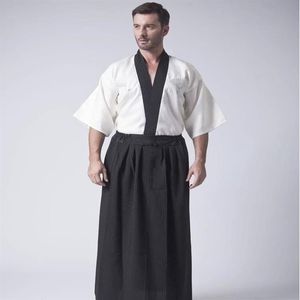 Homens brancos Yukata Roupão de banho Japonês Samurai Vestuário Tradicional Quimono Haori Masculino Anime Cosplay Robe Vestido Traje de Halloween Étnico265o