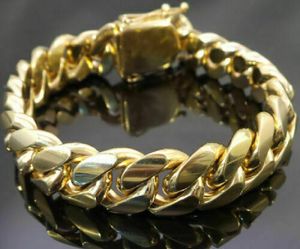 Män Miami Cuban Link Chain Armband Solid 14k Guldpläterad rostfritt stål