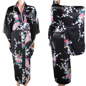 Ethnische Kleidung Ankunft Schwarzer Vintage japanischer Damen-Kimono Haori Yukata Seidensatinkleid Mujeres Quimono Peafowl Einheitsgröße 225e