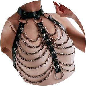 Punk Layered Body Chain Black Leather Bra Caged Harness Choker Bra Chains Gothic