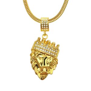 Hip Hop Rapper shiny diamond pendant gold necklace Crown lion head pendant micro-inset zircon jewelry 60cm night club accessory Sweater chain 1399