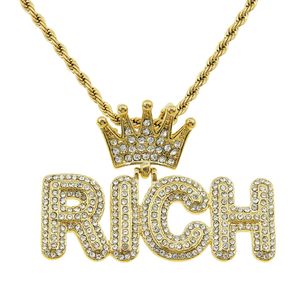 Hip Hop Rapper shiny diamond pendant gold necklace crown RICH letters pendant micro-inset zircon jewelry 60cm night club accessory Sweater chain 1395