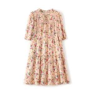 2023 Summer Pink Floral Print Silk Dress Kort ärm Runda nack Knäslängd Casual Dresses W3L049208