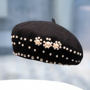 Vintage Pearl Beret Hat For Women Cashmere Winter Retro French Winter Black Red French Artist Party Lady Cap Present