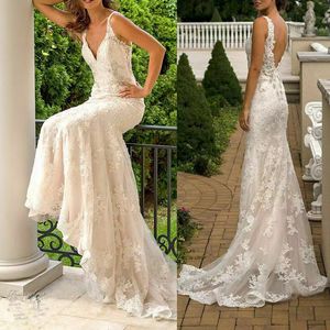 Perle perle sirena nuda matrimonio elegante avorio rasatura raso di abiti da sposa boho sweep treno di treno de no