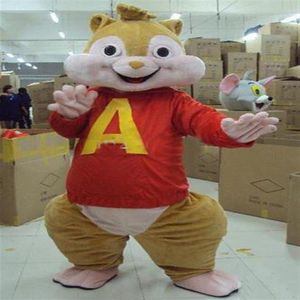 2018 Alta qualidade Adorável Marrom Alvin e os Esquilos Camundongo Rato Esquilo Traje Mascote Mascote Com Rosto Feliz Adulto313m