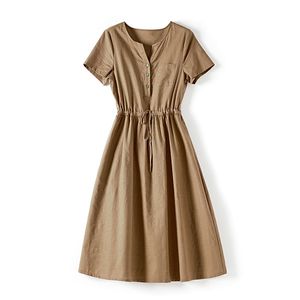 2023 Summer KhakiSolid Color Waist Belted Dress Short Sleeve Round Neck Buttons Knee-Length Casual Dresses W3L047309