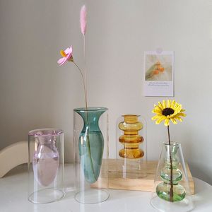 Vases Vase Living Room Decoration Modern Home Decor Terrarium Flower Pots Decorative Desktop Transparent Color Art Double Glass 230701