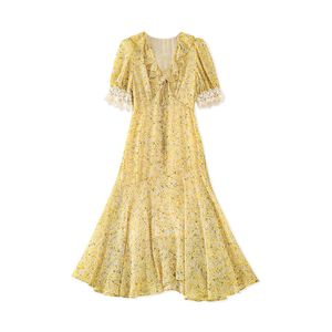 2023 Summer Yellow Floral Print Dress Short Sleeve V-Neck Midi Casual Dresses W3L043503