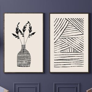 Pinturas Wall Art Listras Preto e Branco Vaso Geométrico Folhas Planta Pintura em Tela Nórdicos Posters E Impressões Imagens Para Sala De Estar 230701