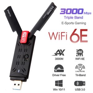 Adaptadores de Rede AX3000 USB 3.0 Adaptador WiFi 3000Mbps WiFi 6E Placa de Rede Tri-Band 2.4G 5G 6G Wifi Receptor Dongle Para Windows 10 11 Driver Grátis 230701