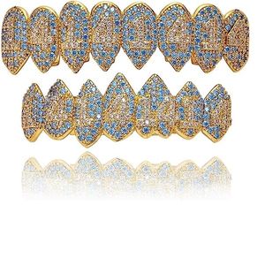 14K Altın Kaplama Grillz Buzlu Çıkış CZ Lab Diamond Aquamarine Zircon 14 Vampir Grillz Dişleriniz İçin Üst ve Alt Izgara Erkek Hip Hop Rapçi Cosplay