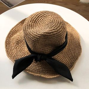 Enkel vikbar bredbrimmad diskett Straw Hat Kvinnor Summer utomhus semester UV-skydd Travel plattbrimmad Bow Beach Cap