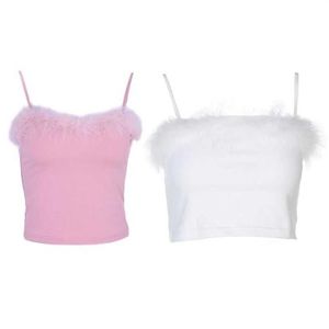 Womens Sexy Spaghetti Strap Feather Fluffy Plush Trim Crop Top Bandeau Canotta Rosa Bianco 210312231f