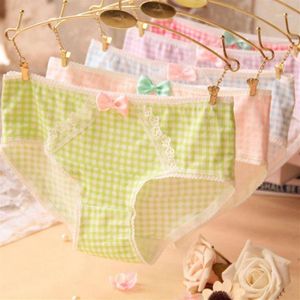 New Plaid Lace Briefs For Women Bow Briefs Cotton Underwear Female Cute Comfortable Lady Panties Knickers Sweet Candy Colors13469