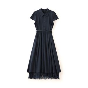 2023 Summer Dark Blue Solid Color Waist Belted Lace Dress Short Sleeve Lapel Neck Buttons Knee-Length Casual Dresses W3L048709