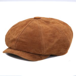 Retro Boina Men Boina Chapéus Unissex Genuine Leather Suede Octogonal Caps Masculino Rrinted Patten Respirável Gatsby Gorra Dropshipping