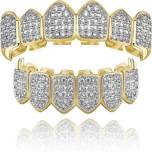 Grillz, Dental Grills Diamond Grill, Fit Your Teeth Ladies 18 K Gold Plated Full Ice CZ Vampire Upper Lower Face Mouth Men's With Extra Molding Rod Hornplay Costume,