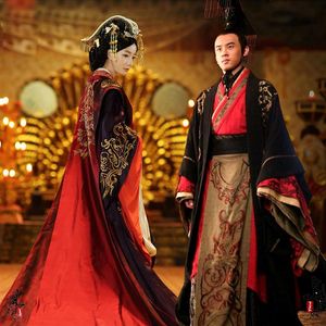 Asian Emperor Queen Royal Palace Wedding Gown Robe Dress Chinese Ancient Wedding Hanfu Long Costume Black Red Brud Groom Outfit235h