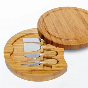 Bambu mutfak aletleri peynir tahtası ve bıçak seti yuvarlak charcuterie levhalar döner et tabağı tatil evine hediye