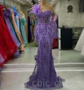 Aso Ebi Lavender Mermaid Prom Dress Crystals Feather Evening Formal Party Second Reception Birthday Bridesmaid Engagement Gowns Dresses Robe De Soiree Zj683 407