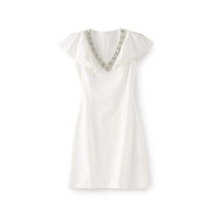 2023 Summer White Solid Color Beaddress Short Sleeve V-Neck Kne-Length Casual Dresses W3L044307
