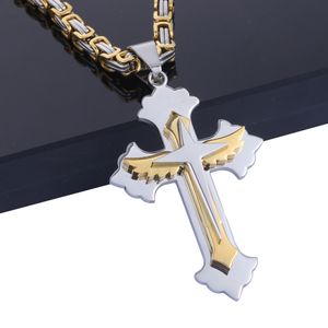 Pendant Necklaces Heavy Crucifix Jesus Cross Necklace Stainless Steel Christs Pendant Gold Color Byzantine Chain Men Jewelry Gifts 24" DKP522 230701