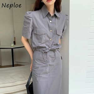 Vestido de duas peças Neploe Francês Moda Set Mulheres Verão Simples Temperamento Bolha Manga Camisa de Trabalho Cintura Alta Slim Saia Reta Terno 230630