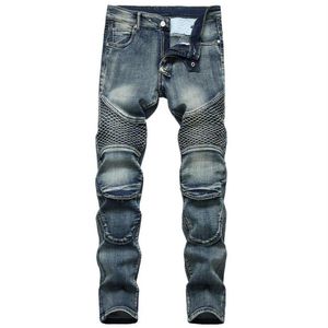 Fermuar Kot Desen Baskı Erkek İnce Yırtık Hafif Yıkanmış Biker Dizlik Kot Giyim Pantolon Düz Sıska Slim Fit276N