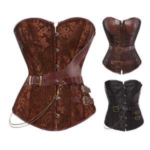 Kadın Vintage Steampunk Gotik Jakarlı Overbust Korse Üstü Zincirli ve PU Deri Kemerli Accent S-6XL Plus Size Kahverengi Black1890