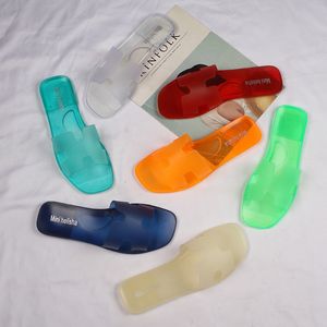 Summer mulheres coloras coloras transparentes lâminas planas Bottom Sandals de praia Sapas de linhas de uma palavra casual Slippers 230703