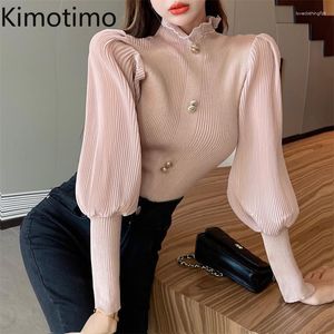 Женские свитера Kimotimo Design Design Trip Short Tops Women Korean INS Mock Seck Chefon Patchwork Blouse Blouse осень зима внутри