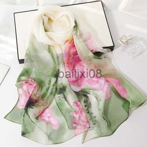 Scarves Women Fashion Long Floral Print Silk Scarf Summer Thin Soft Georgette Lotus Leaf Sunscreen Scarves Muslim Hijab Beh Shawl J230703