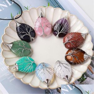 Pendant Necklaces Natural Stone Healing Crystal Tree Of Life Charms Waterdrop Pendants Rose Quartz Wire Wrapped Trendy Jewelry Makin Dhqiy