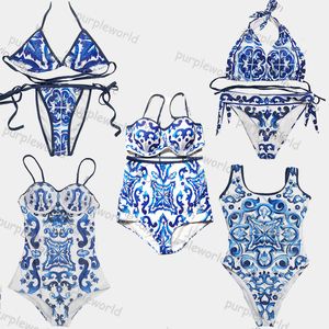 Kadın mayo mavi beyaz porselen jakin bikini set klasik lüks tasarımcı moda mayo