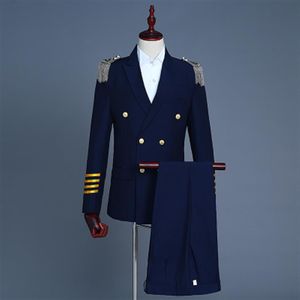 船メンズネイビーホワイトキャプテンユニフォームタキシードジャケットパンツステージパフォーマンススタジオスーツアジアサイズ302V