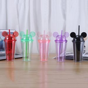 15oz 아크릴 플라스틱 텀블러 마우스 귀 머그잔 상자 명확한 플라스틱 어린이 물병 밀짚 8 색 8 색 휴대용 귀여운 어린이 컵