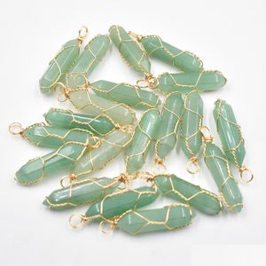 Charms Gold Wire Natural Stone Green Aventurine Hexagonal Healing Reiki Point Pendants for Jewelry Making Drop Leverans Findings Comp DH5XU