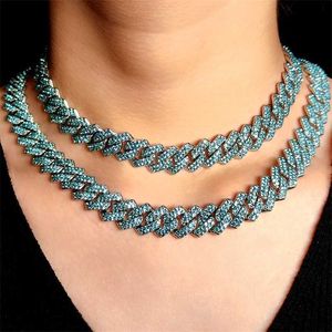 Strands Hip Hop 14 mm blaue Iced Out Kette Rhombus Cuban Link Halskette für Frauen Strasssteine gepflastert Miami Halsketten Schmuck 230613