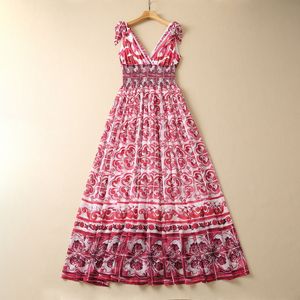 2023 Summer Red Paisley Print Panelled Chiffon Dress Short Sleeve Peter Pan Neck Floor Length Casual Dresses S3Q020628 Plus Size XXL