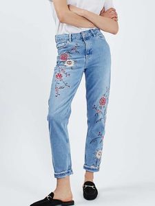 Jeans moda bordado flor jeans street wear casual calças de cintura alta senhora elegante denim azul viagem fotografia jeans retos