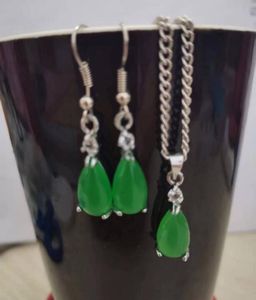 Zircon water droplets green Malay jade 925 silver pendant necklace earrings set 2 piece jewelry set