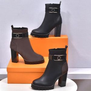 Niet Martin Stiefel Frau Rindsleder Reißverschluss Metallschnalle Designer Knöchelstiefel 100% Leder Dame High Heels Mode Herbst Winter Dicker Absatz Damenschuhe Größe 35-40-42 Mit Box