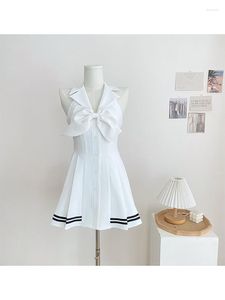 Lässige Kleider Frauen Sommer Weißer Bogen A-Linie Kleid Vintage Eleganter Neckholder für Mädchen Urlaub Party Club Kawaii One Piece Frocks 2023