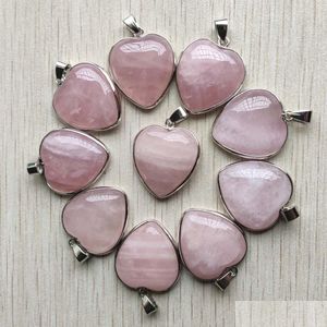 Charms Trendy Natural Rose Quartz Stone Sier Sided Heart Pendants 25Mm Para Colares Fabricação de Jóias Atacado Drop Delivery Findings Dh7Je