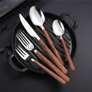 Dinnerware Sets Wooden Handle Stainless Steel Cutlery Set Flat Japanese Style Spoon Fork Steak Knife Teaspoon Tableware Utensils for Kitchen x0703