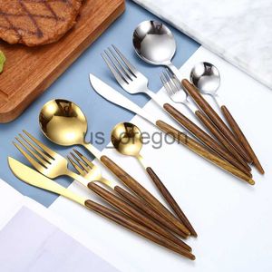 Dinnerware Sets New Simple Stainless Steel Knife Fork Spoon Dinnerware Imitation Wood Grain Clamp Handle Steak Cutlery Tableware Gift Supply x0703