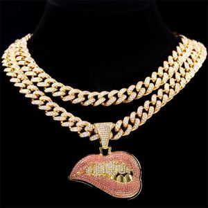 Wisiorek naszyjniki mężczyźni kobiety Hip Hop ugryzienie kształt ust naszyjnik Iced Out Bling kryształ kubański Cz łańcuszek ze stali nierdzewnej Trendy biżuteria 230613