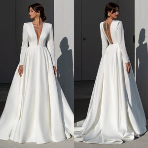 Fashion A Line Wedding Dresses for bride Plunging V Neck Wedding Dress Button Back Long Sleeves designer bridal gowns