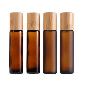 15 ml tomma rull-på-glasflaskor med bambulock stålrullboll Bärnstensfärgat frostat glas eterisk olja parfymflaska All-match
